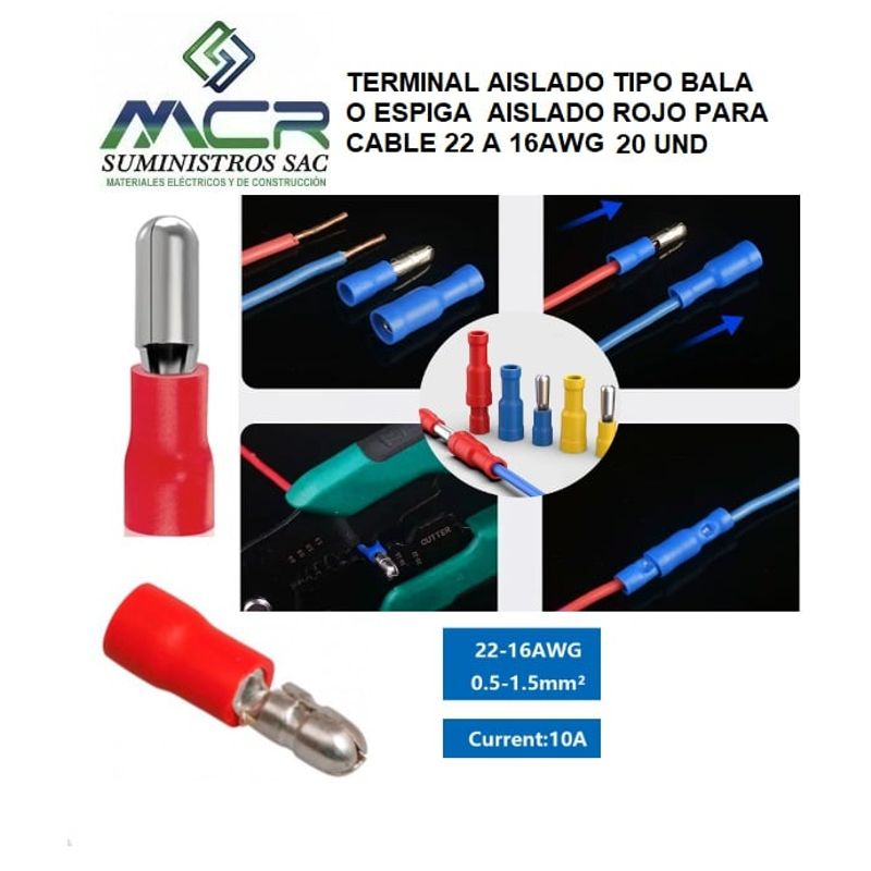 GENERICO - TERMINAL AISLADO TIPO BALA  O ESPIGA  AISLADO ROJO PARA CABLE 22 A 16AWG 20UND