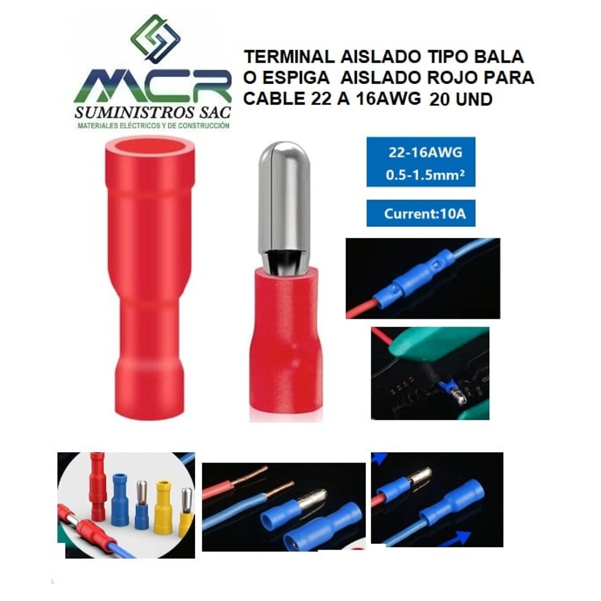 GENERICO - TERMINAL AISLADO TIPO BALA ESPIG AISLADO ROJO CABLE 22 A 16AWG 20UND