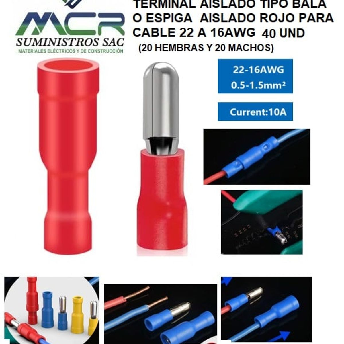 GENERICO - TERMINAL AISLADO TIPO BALA ESPIG AISLADO ROJO CABLE 22 A 16AWG 40UND