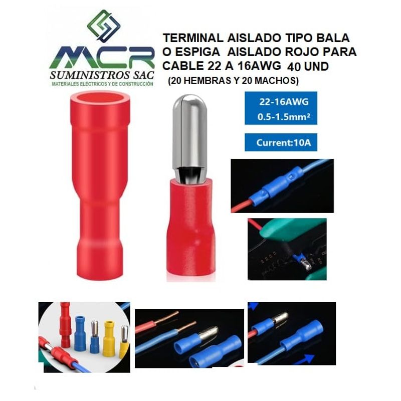 GENERICO - TERMINAL AISLADO TIPO BALA ESPIG AISLADO ROJO CABLE 22 A 16AWG 40UND