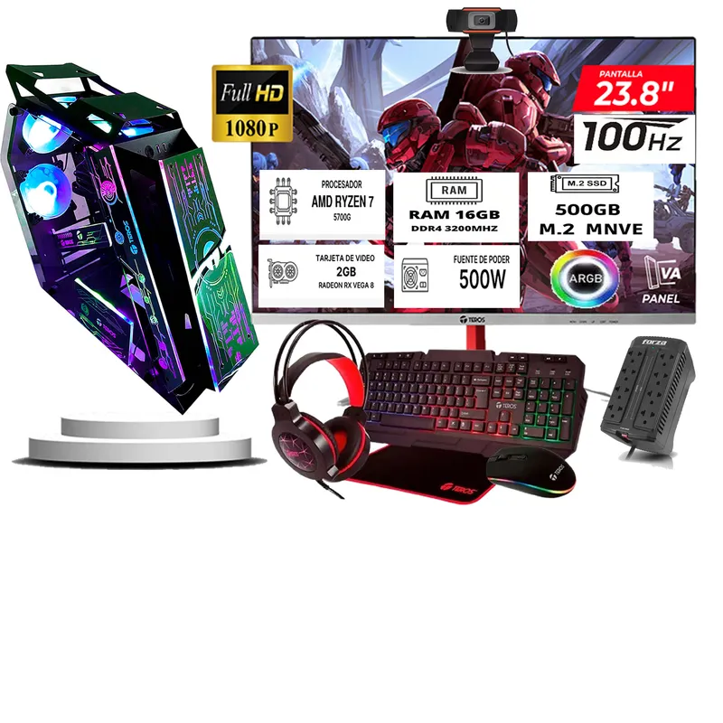 TEROS - Computadora ryzen 7 5700g ram 16gb ssd 500  monitoR Curvo 24 full hd web cam