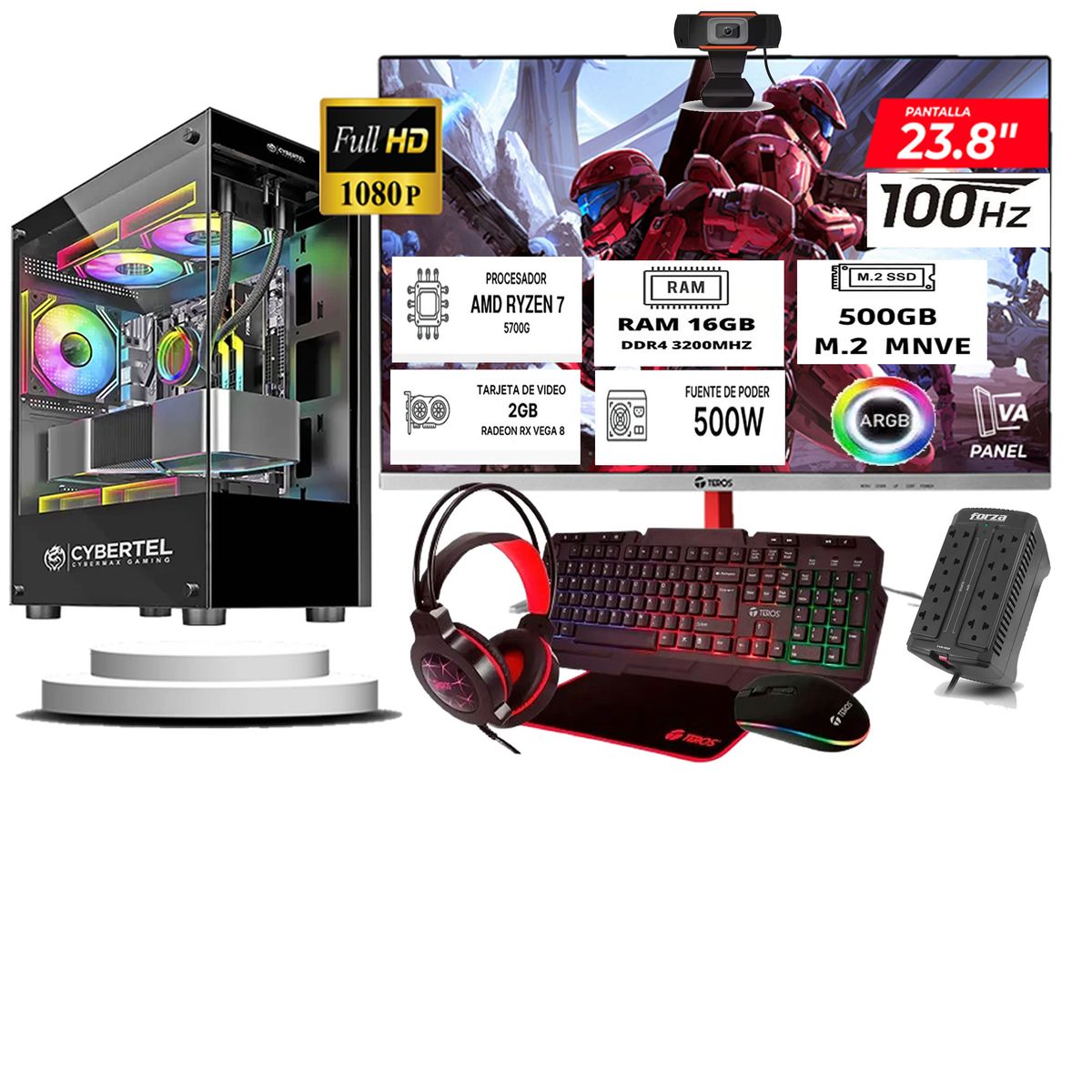 CYBERTEL - Computadora ryzen 7 5700g ram 16gb ssd 500  monitoR Curvo 24 full hd web cam