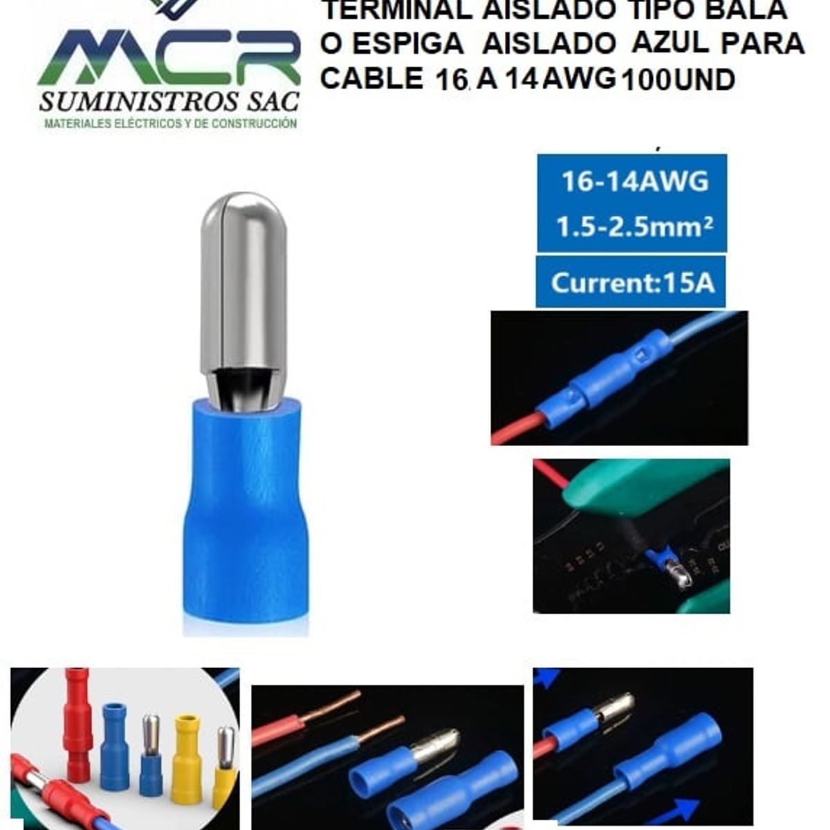 GENERICO - TERMINAL AISLADO TIPO BALA ESPIGA AISLADO AZULCABLE 16 A 14AWG 100UND
