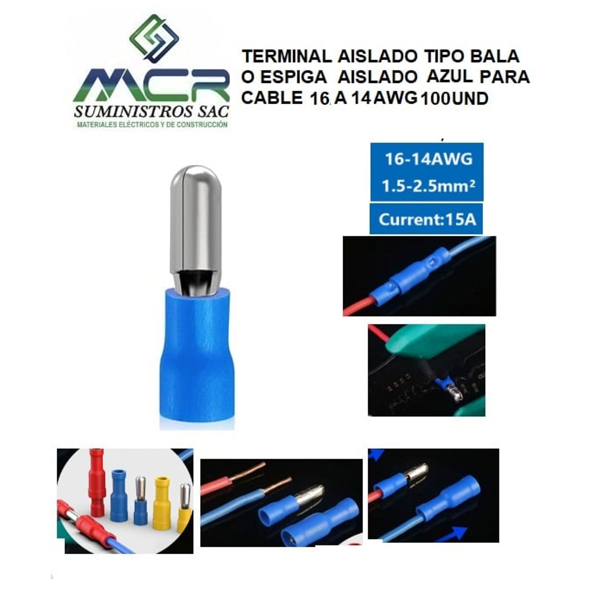 GENERICO - TERMINAL AISLADO TIPO BALA ESPIGA AISLADO AZULCABLE 16 A 14AWG 100UND