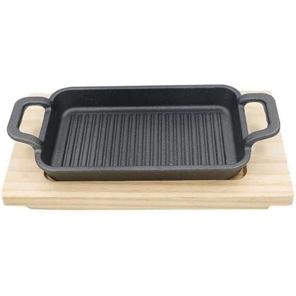 GENERICO - Sarten Rectangular De Hierro Fundido Con Base De Madera