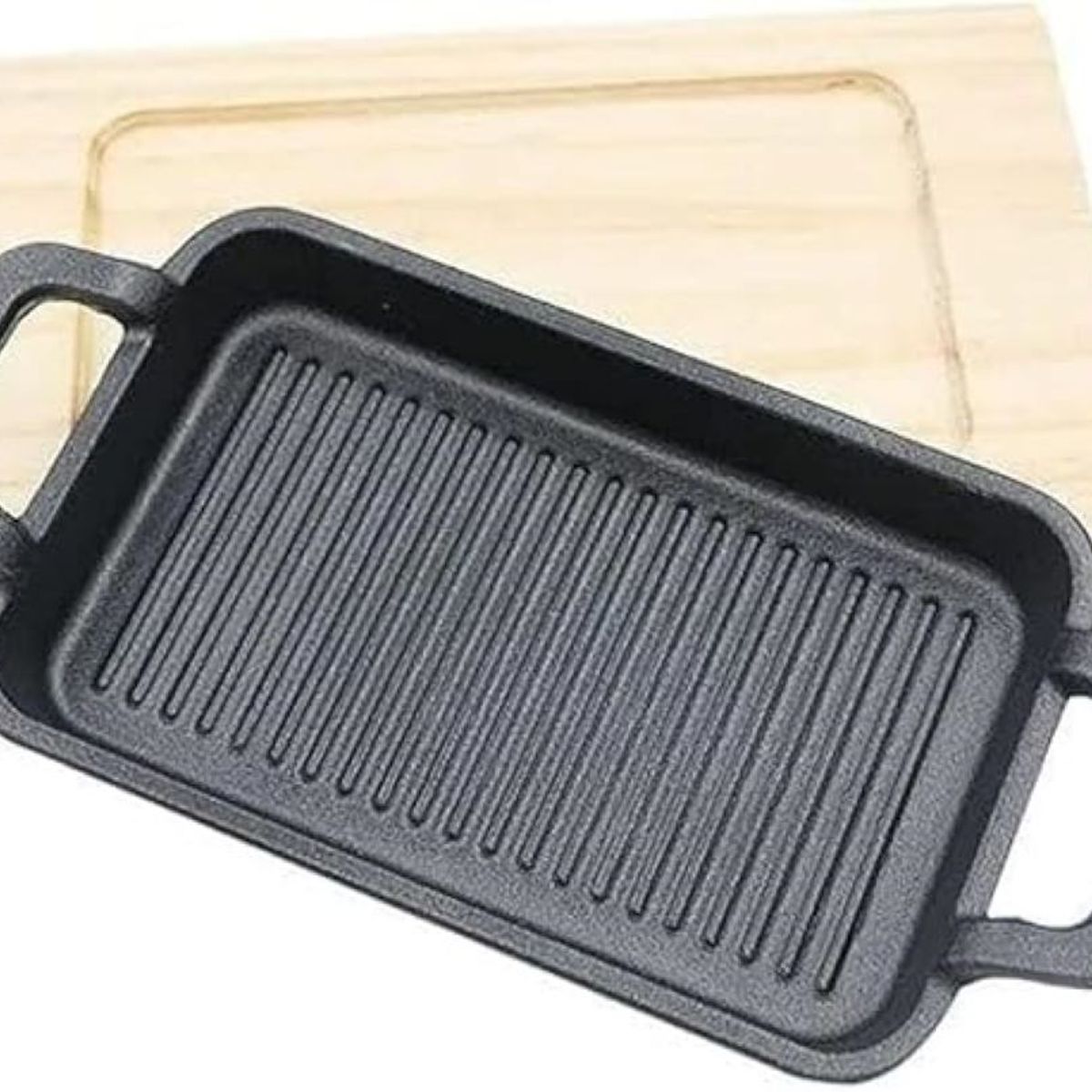 GENERICO - Sarten Rectangular De Hierro Fundido Con Base De Madera