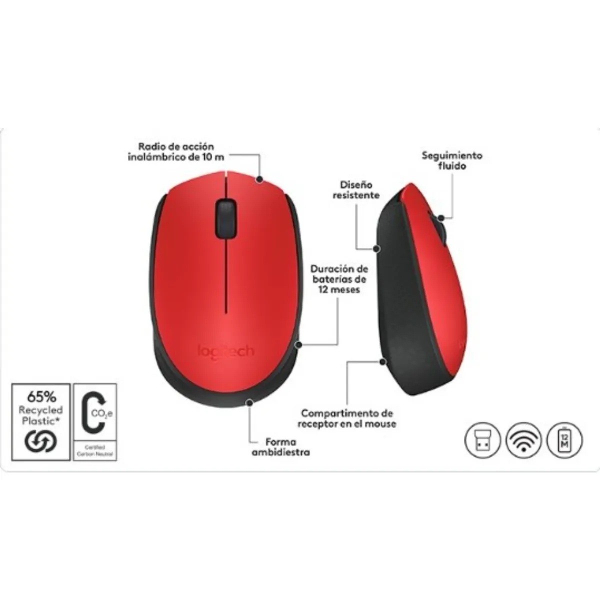 LOGITECH - Mouse Logitech M170 Inalámbrico- Rojo