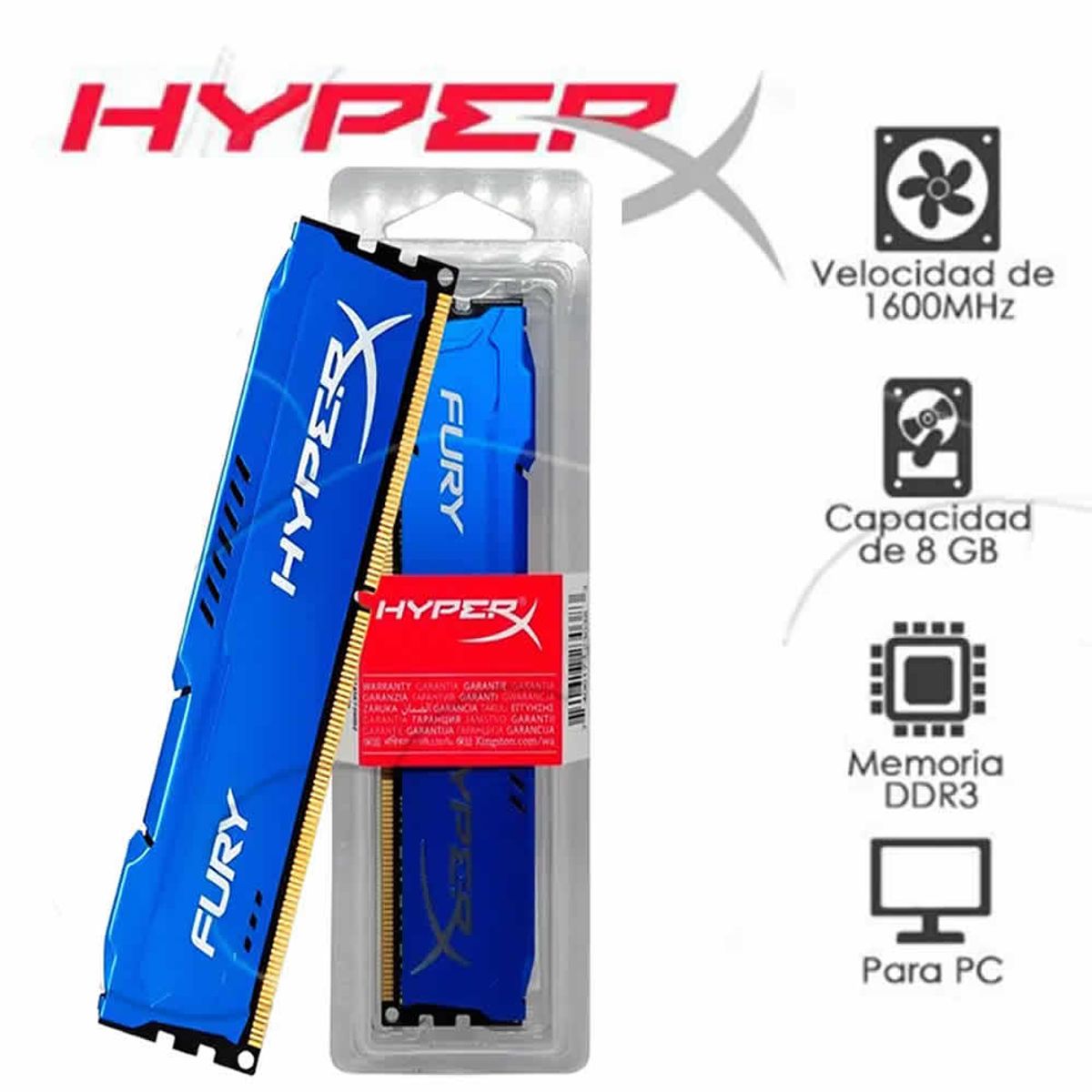 KINGSTON - Memoria RAM Kingston HyperX Fury Blue, 8GB, DDR3, 1600 MHz
