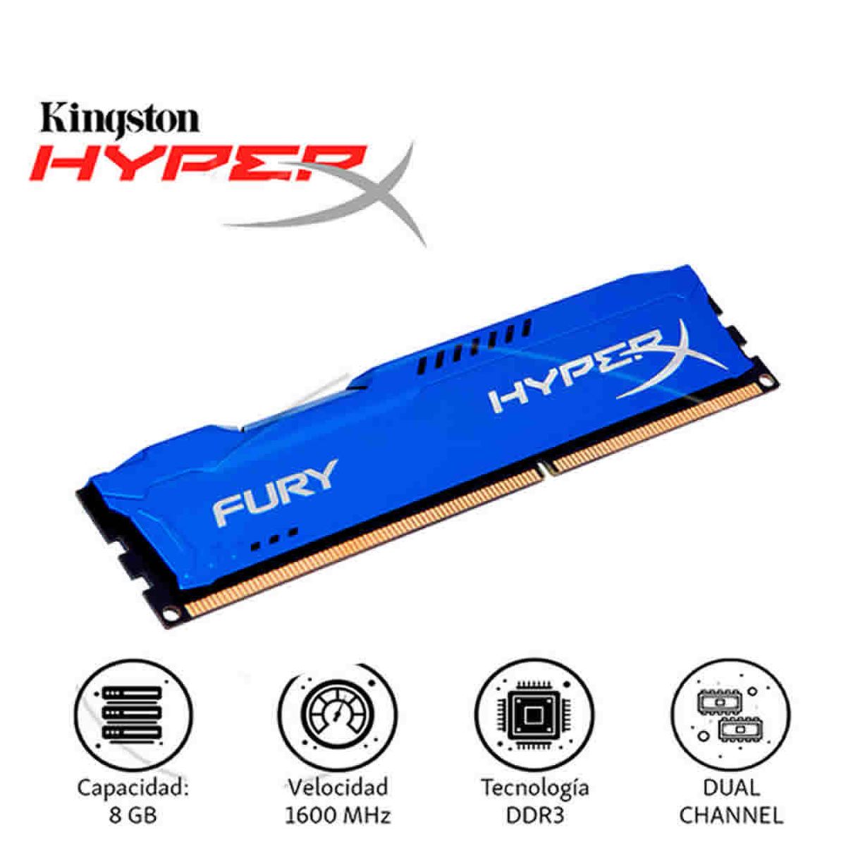 KINGSTON - Memoria RAM Kingston HyperX Fury Blue, 8GB, DDR3, 1600 MHz
