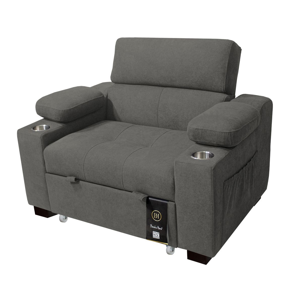 BARAKA HOME - Sofá Cama Baltimore con Porta Vasos y Bolsillo 1 plz - Gris Oscuro