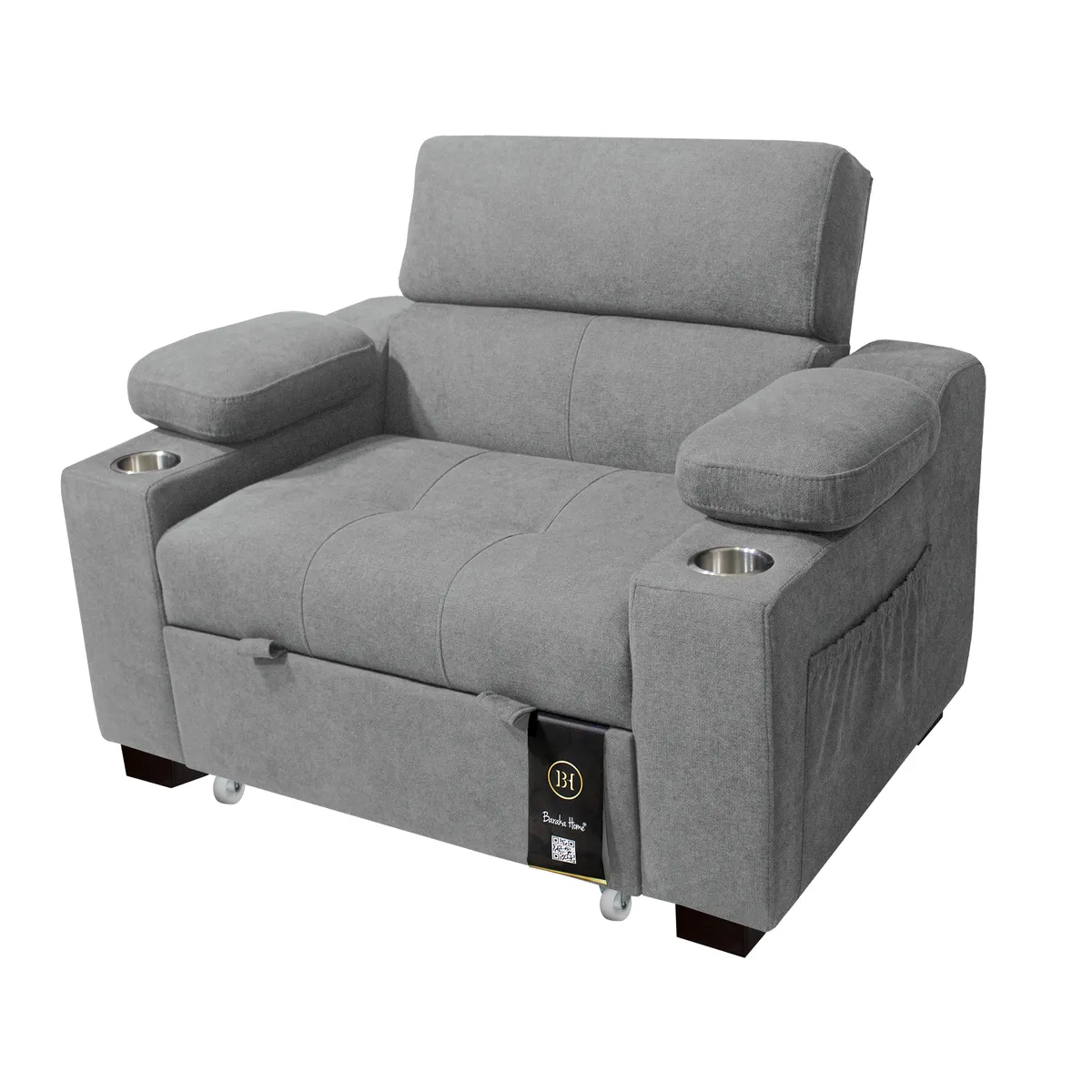 BARAKA HOME - Sofá Cama Baltimore con Porta Vasos y Bolsillo 1 plz - Gris Claro