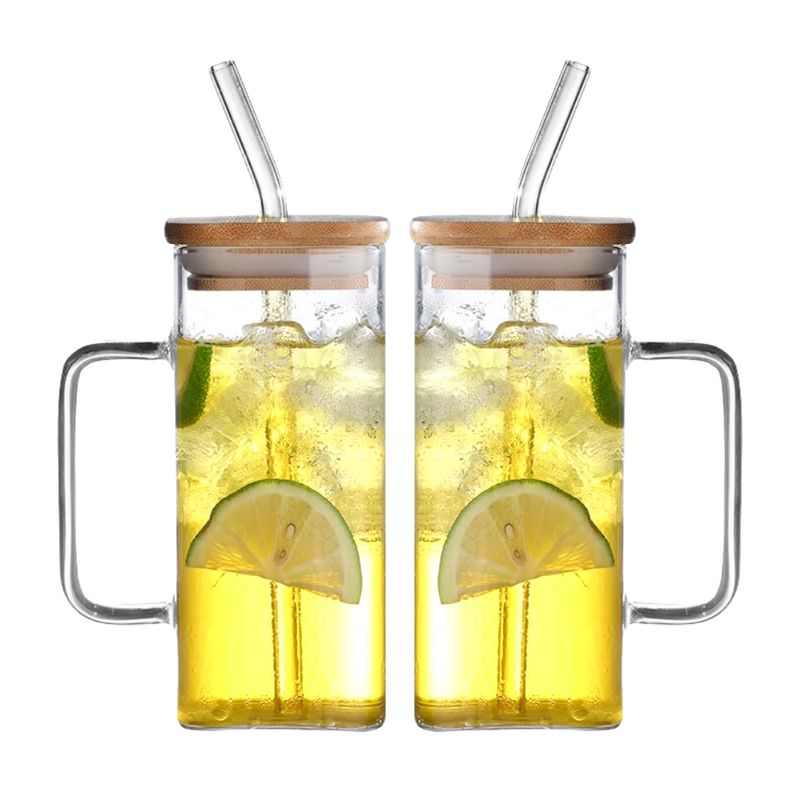 INSPIRA - Set de 2 Vasos Cuadrados de Vidrio con Tapa de Bambú y Sorbete