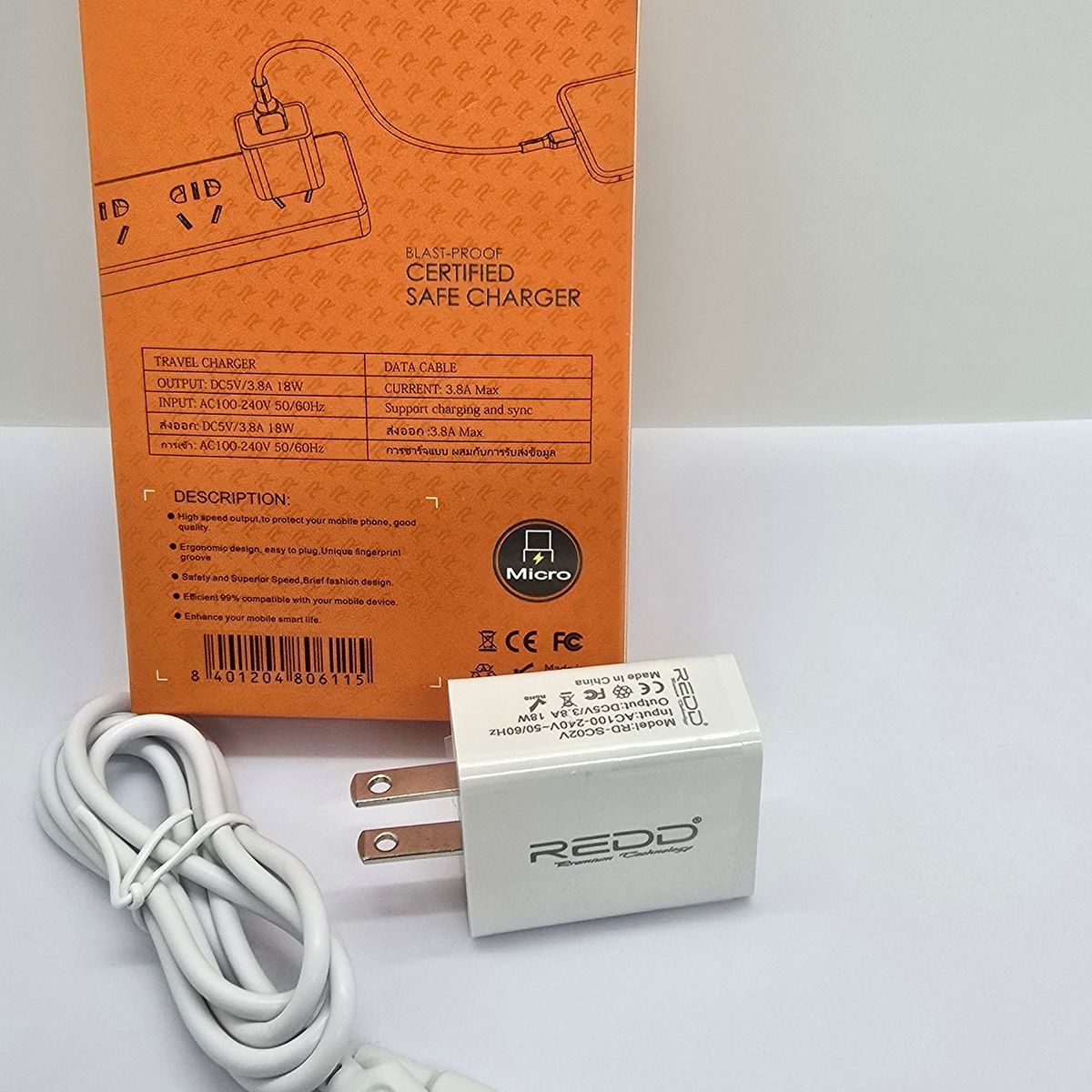 GENERICO - CARGADOR DE CELULAR+CABLE REDD 18W V8