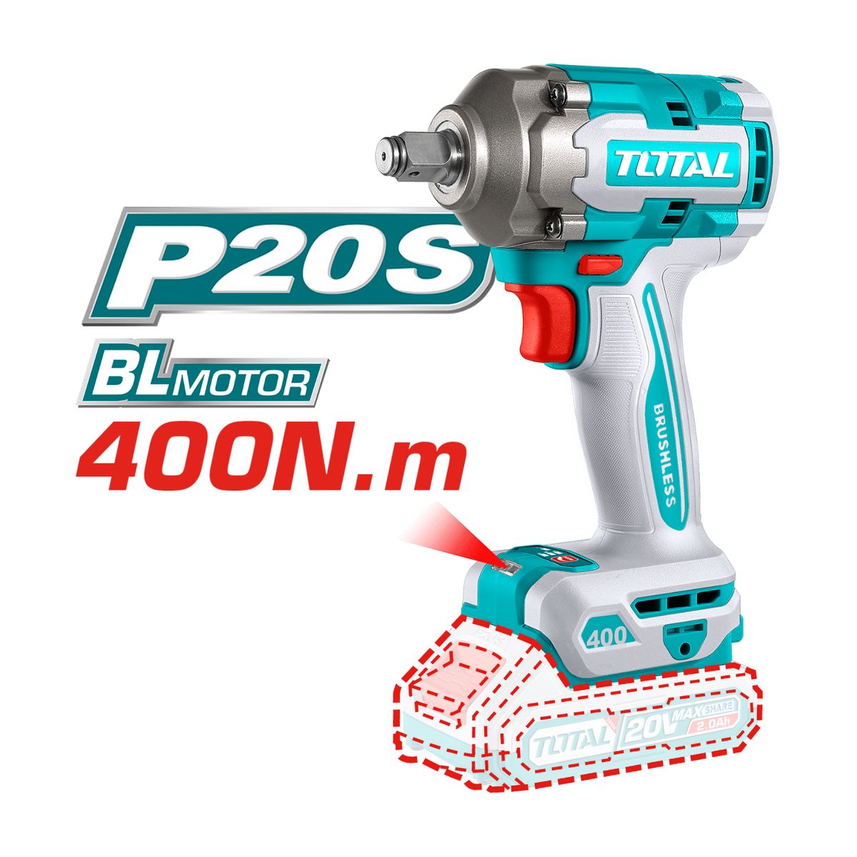 TOTAL TOOLS - Mega Combo Llave de Impacto 400Nm 20v+ dados impacto + lámpara Total