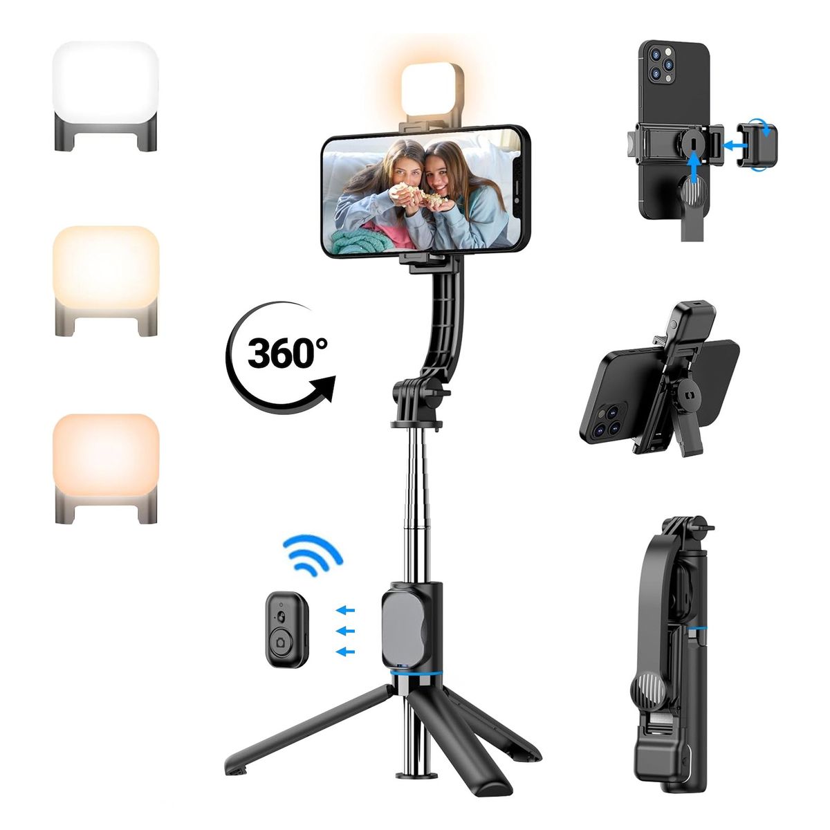 OEM - Palo Selfie C01s trípode 1.07 m y soporte desmontable, Bluetooh, LED