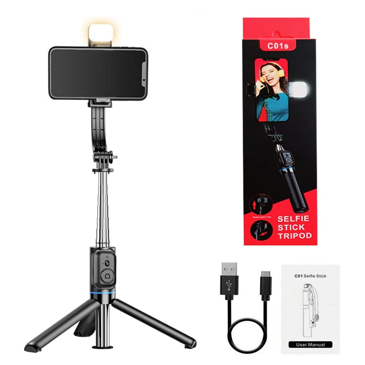 OEM - Palo Selfie C01s trípode 1.07 m y soporte desmontable, Bluetooh, LED