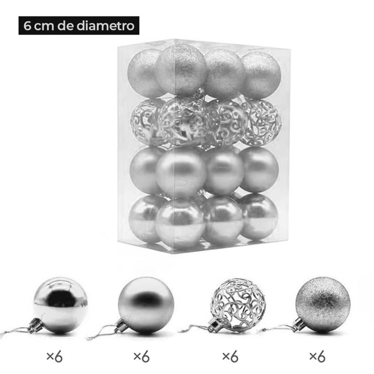 GENERICO - SET DE BOLAS NAVIDEÑAS PLATEADAS X24 UND - 6 CM