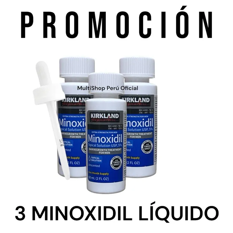 KIRKLAND - 3 frascos Minoxidil Liquido al 5% - NUEVA PRESENTACION