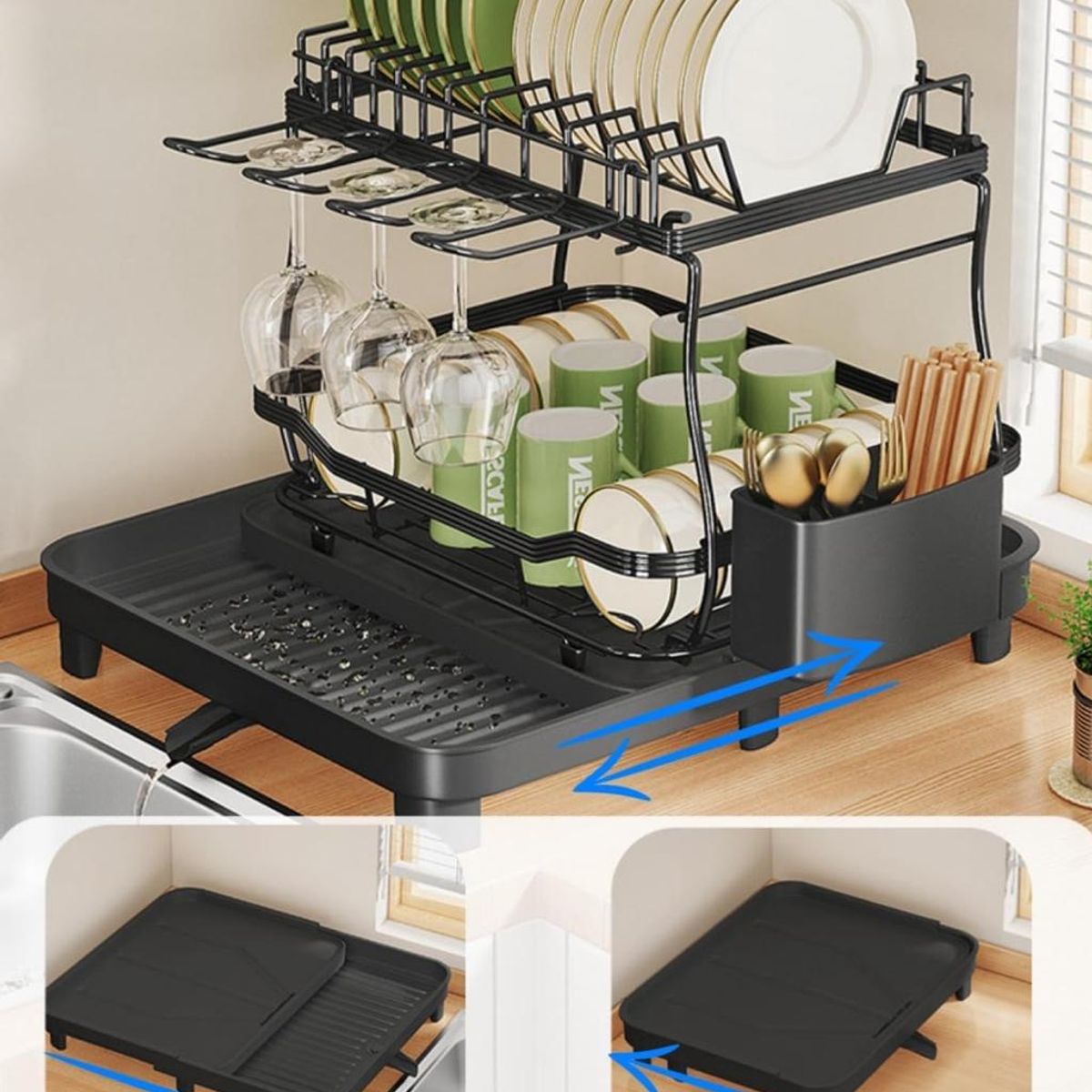 GENERICO - nuevo y moderno escurridor de platos de 2 niveles con drenaje
