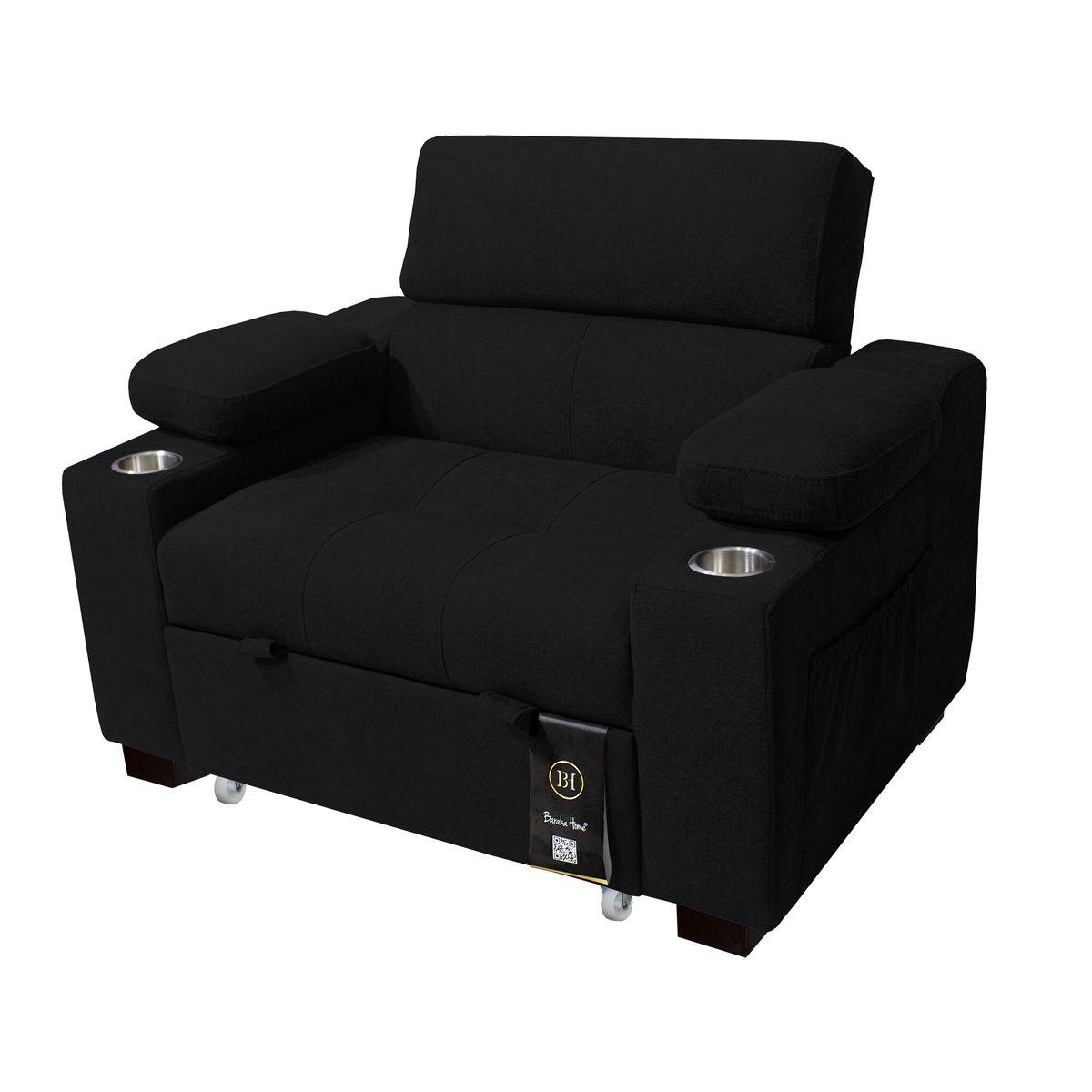 BARAKA HOME - Sofá Cama Baltimore con Porta Vasos y Bolsillo 1 plz - Negro