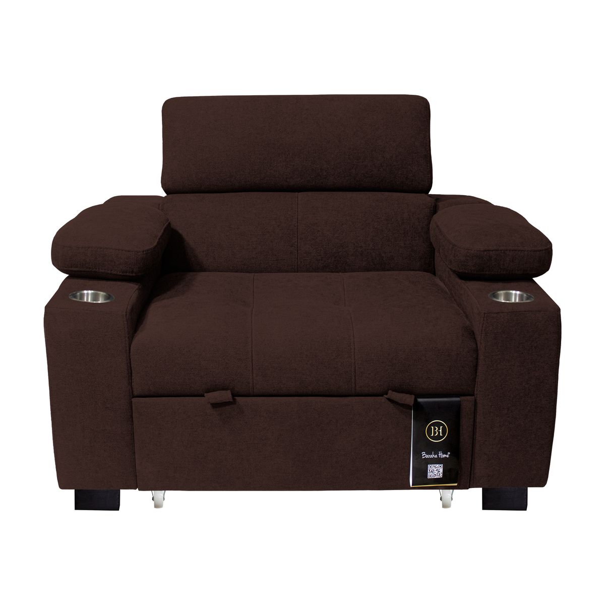 BARAKA HOME - Sofá Cama Baltimore con Porta Vasos y Bolsillo 1 plz - Chocolate