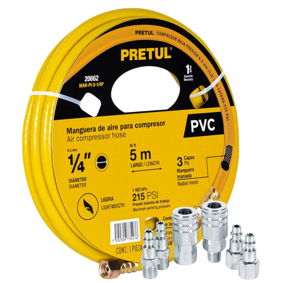 TRUPER - Kit Manguera de aire para compresor, 5m Pretul, 6 conectores rápidos.