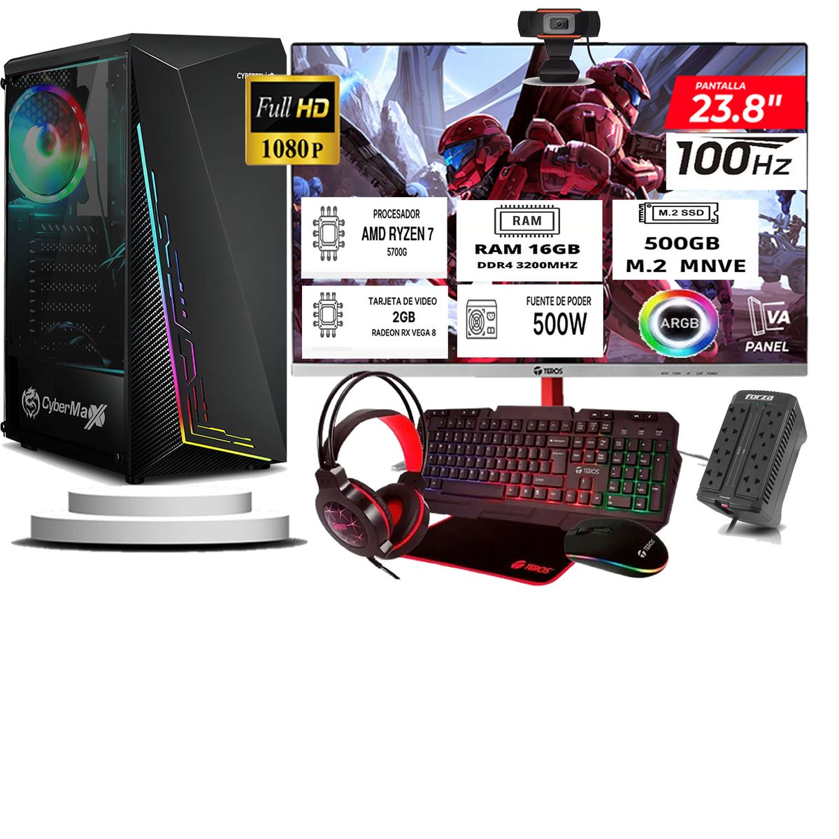 CYBERTEL - Computadora ryzen 7 5700g ram 16gb ssd 500  monitoR Curvo 24 full hd web cam