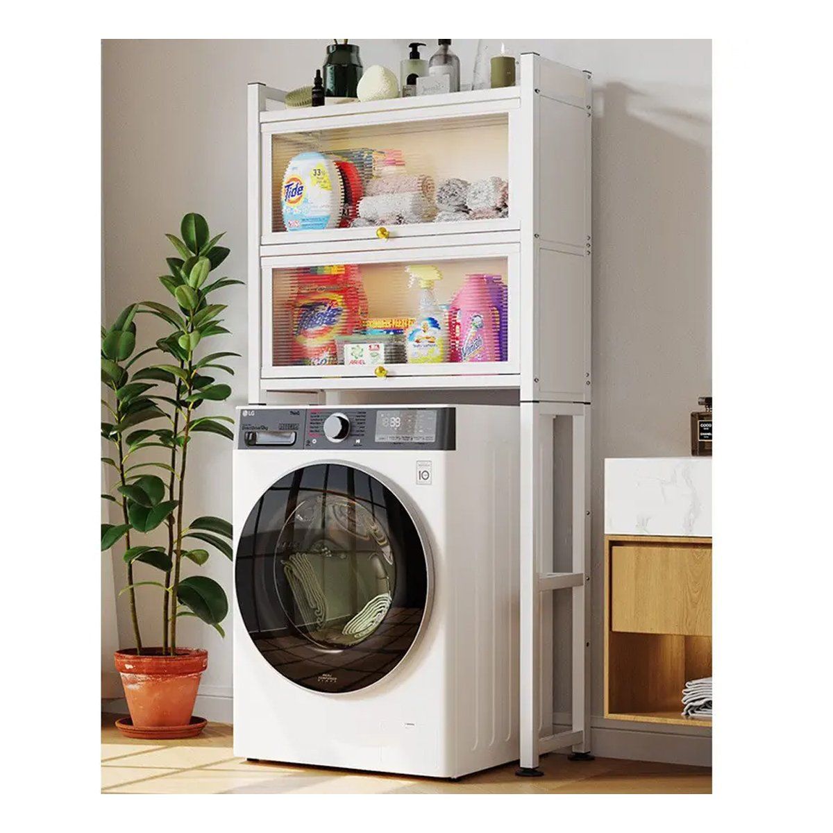 GRETAIL - Estante Organizador Para Lavadora Premium Puertas New 3 Niveles Blanco