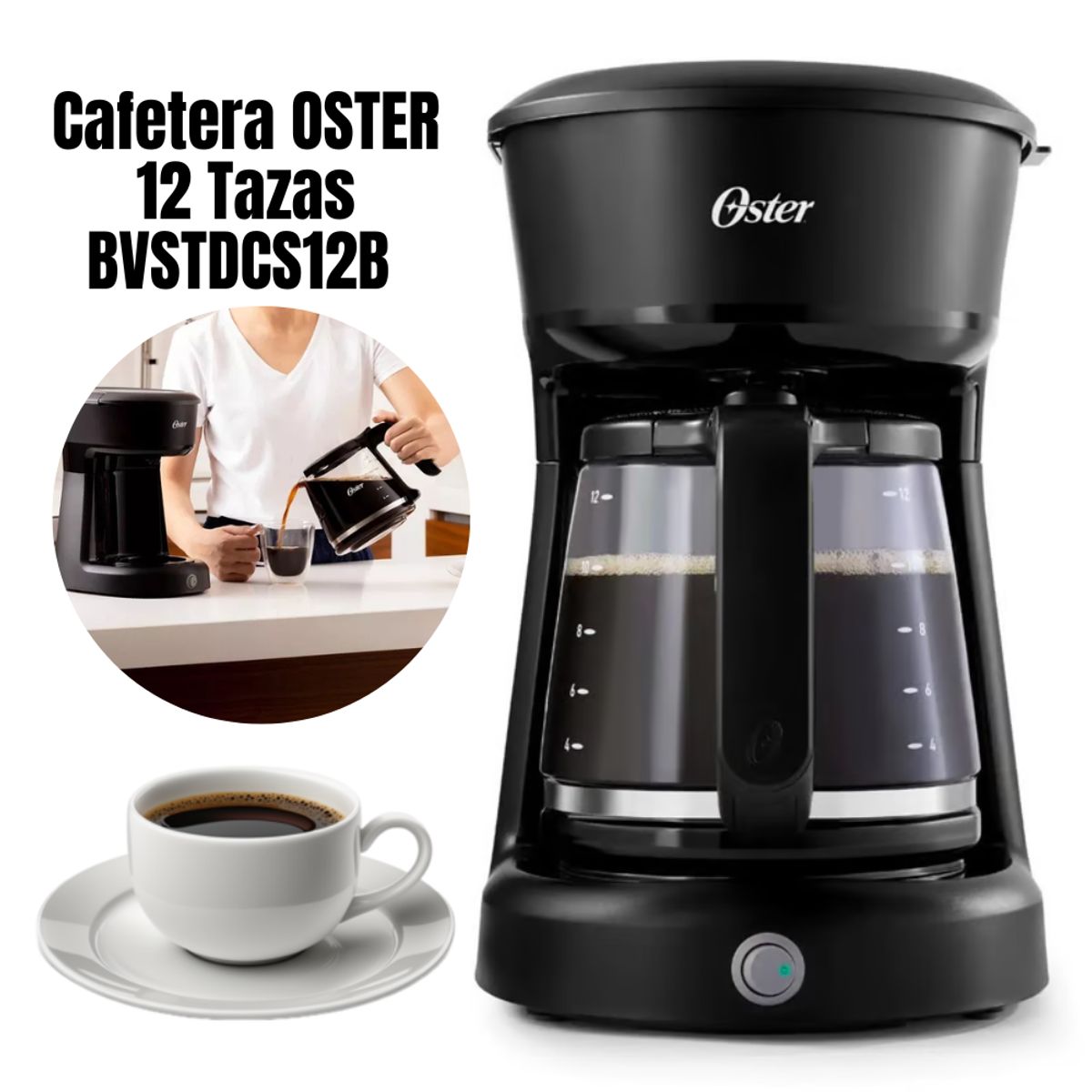 OSTER - Cafetera Oster de 12 tazas con filtro permanente - BVSTDCS12B ON/OFF