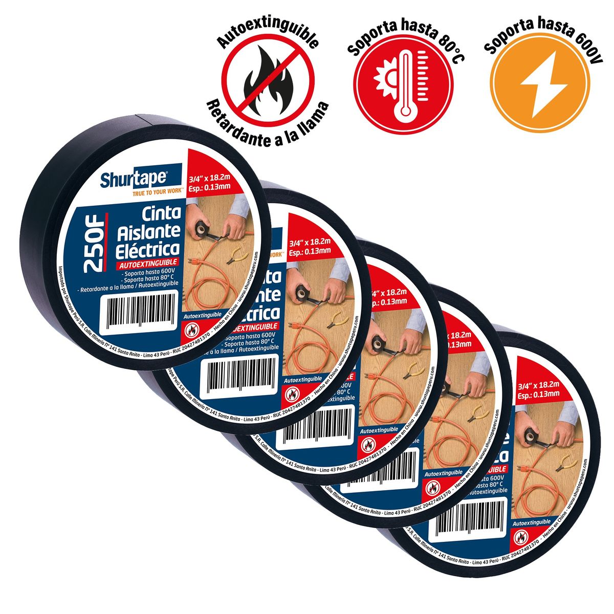 SHURTAPE - Cinta Aislante 19mm x 20 Yds Negro Pack x5