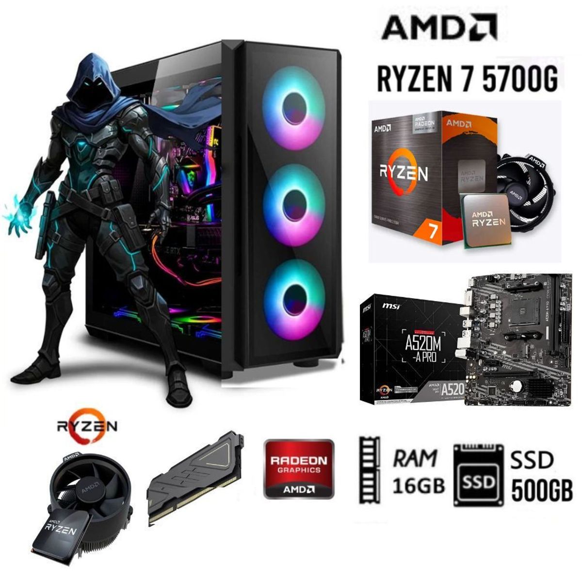 AMD - Computadora PC GAMER RYZEN 7-5700G  3.2Ghz RAM 16GB  DISCO SOLIDO SSD 500GB
