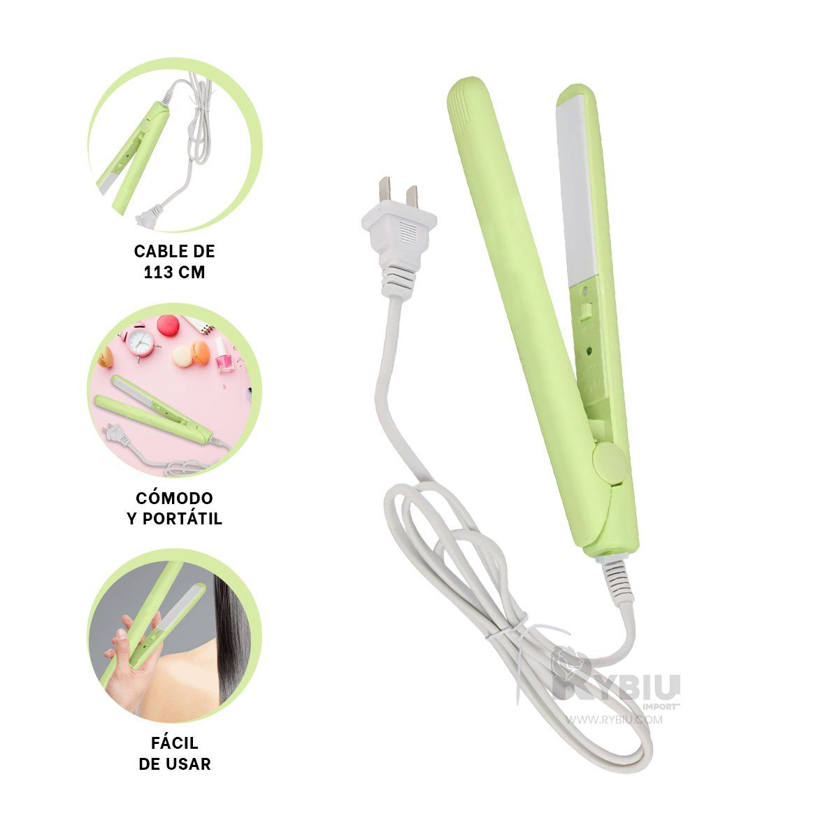 RYBIU IMPORT - Planchador Versatil de Cabello Verde Y+Ligas de Regalo