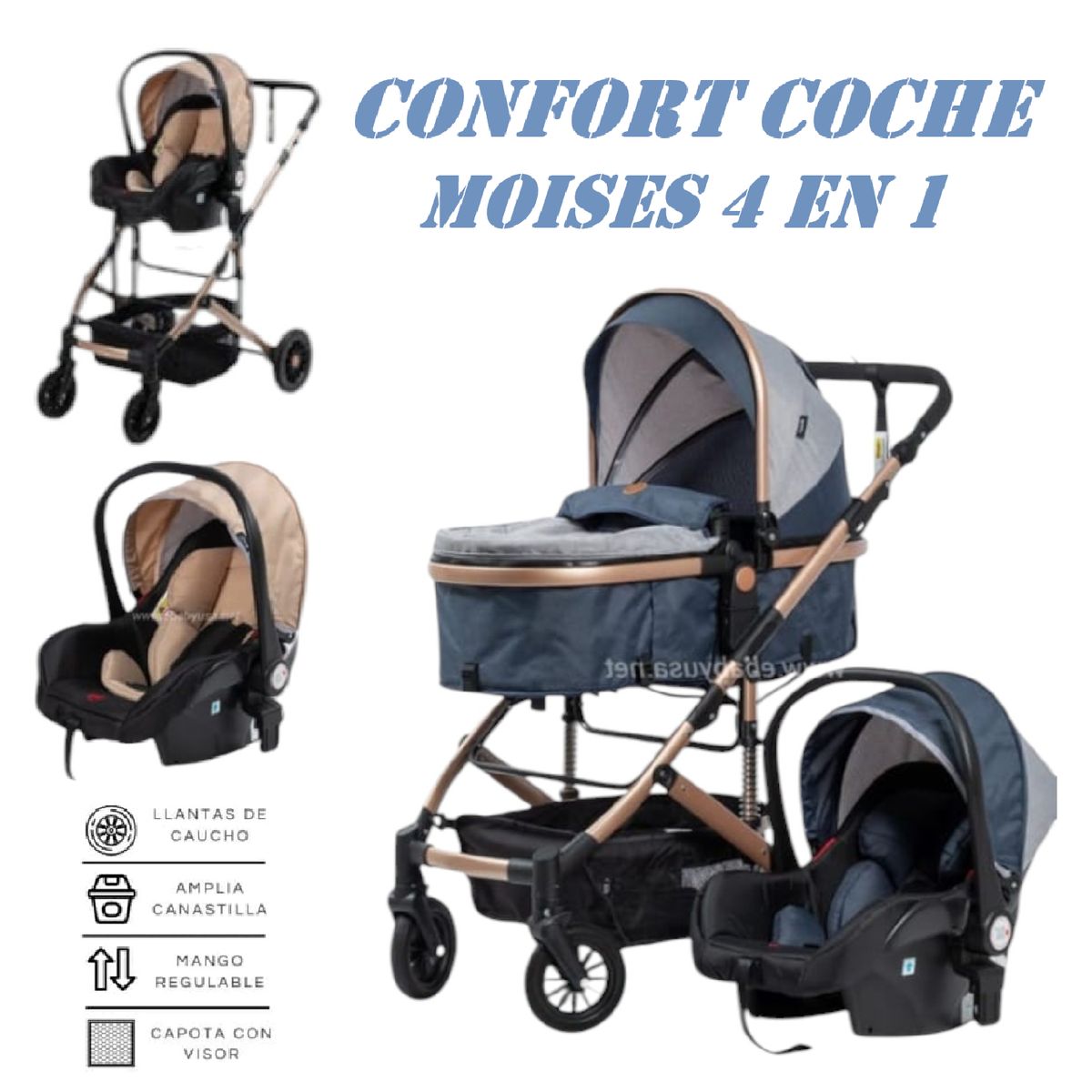 EBABY - Coche Moises Comfort 4 en 1 con porta bebe Amortiguacion -Az