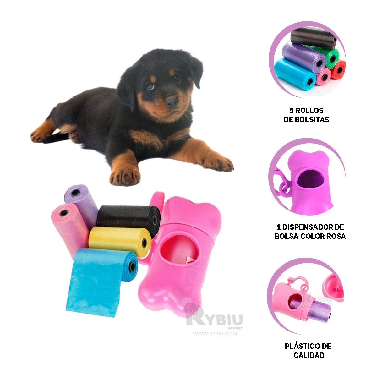 RYBIU IMPORT - Kit Higienico para Popo de Mascotas en Rosado Y+Stickers