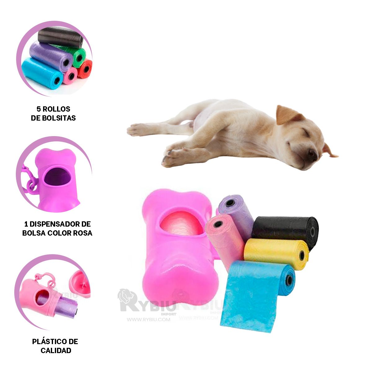 RYBIU IMPORT - Kit Higienico para Popo de Mascotas en Rosado Y+Stickers