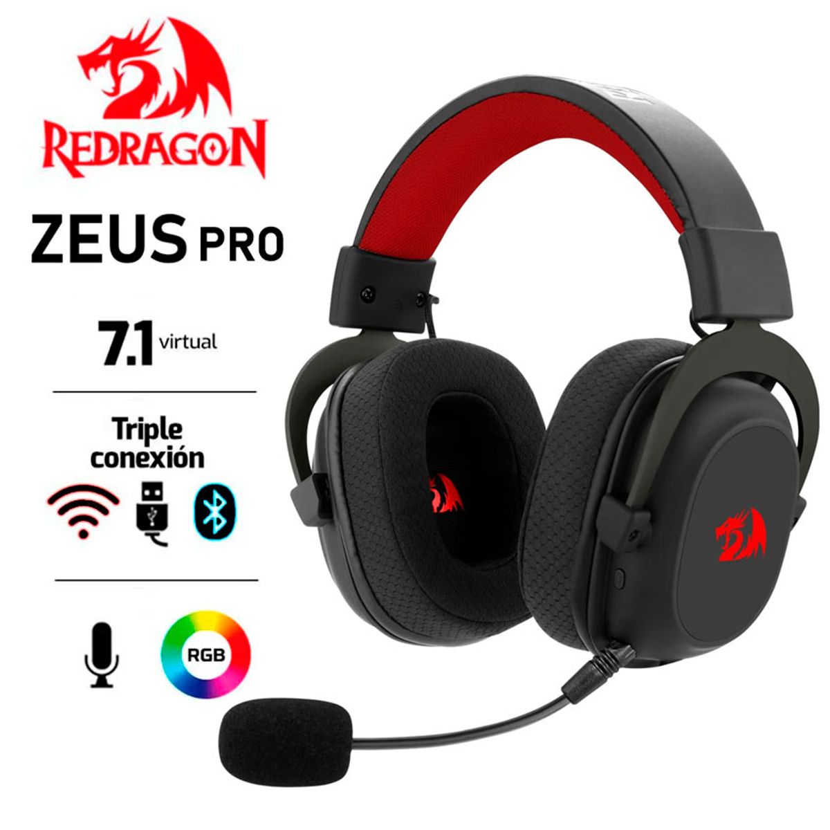 REDRAGON - Auriculares Redragon Zeus PRO RGB H510-WL Wireless BLACK
