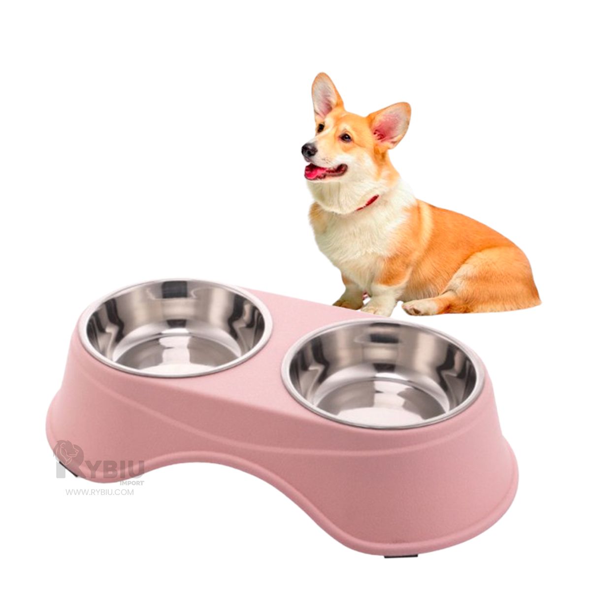 RYBIU IMPORT - Comedero Doble para Mascotas en Rosado Y+Papel de Regalo