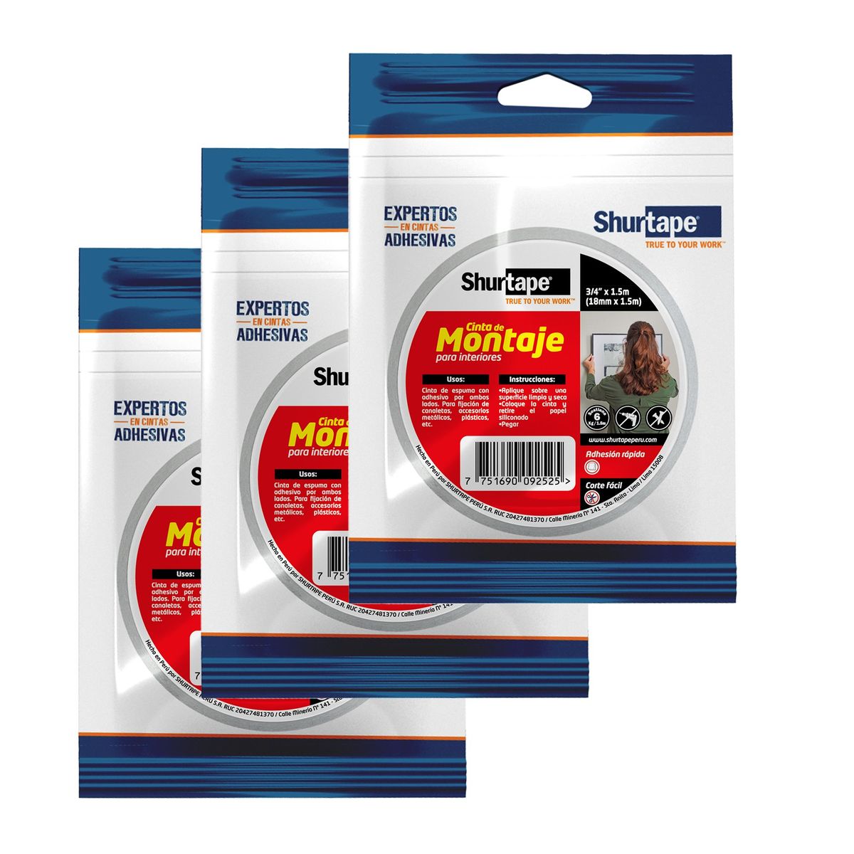 SHURTAPE - Cinta de Montaje para Interiores 18mm x 150cm Pack x3