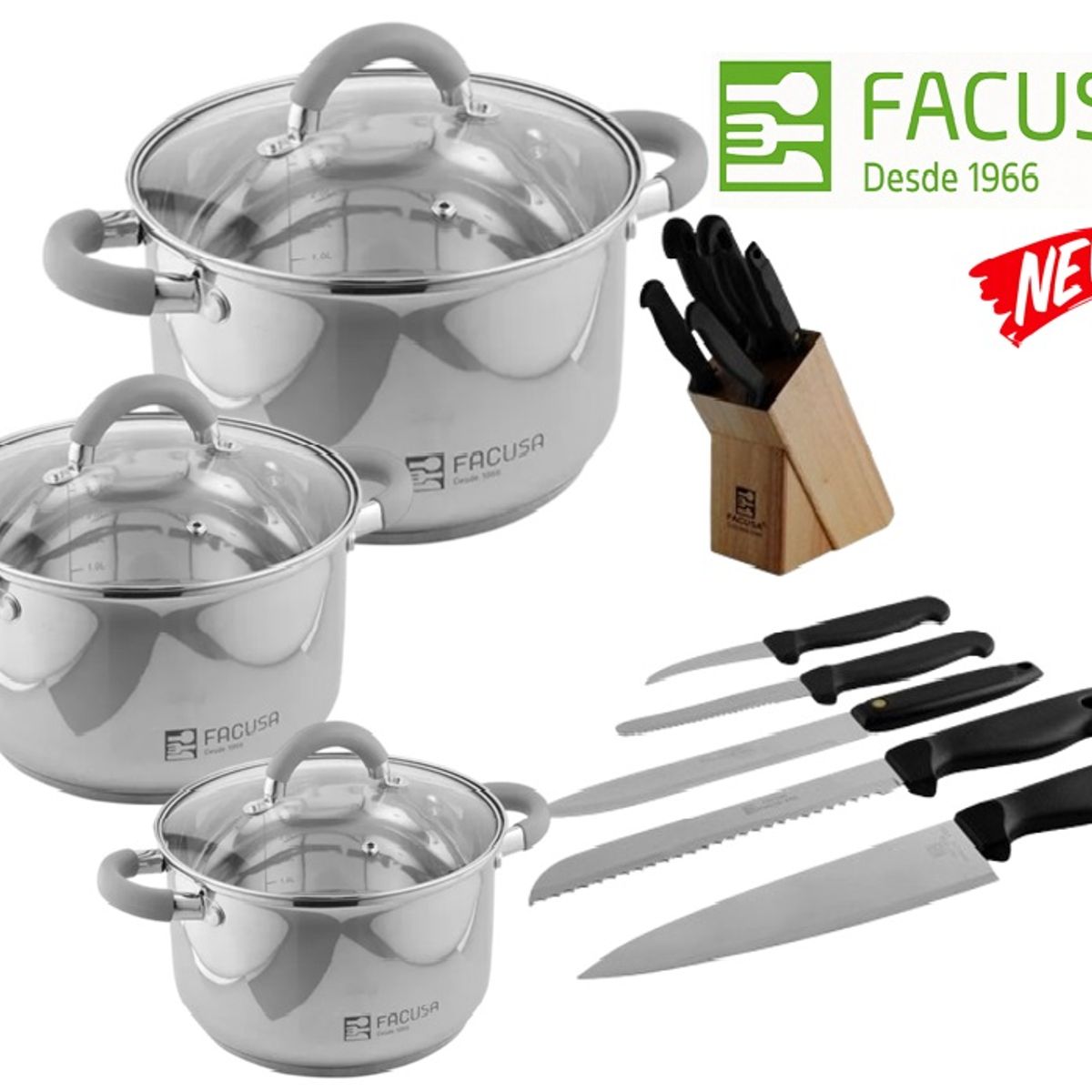 FACUSA - Juego de Ollas 6 piezas + Set de Cuchillos con base
