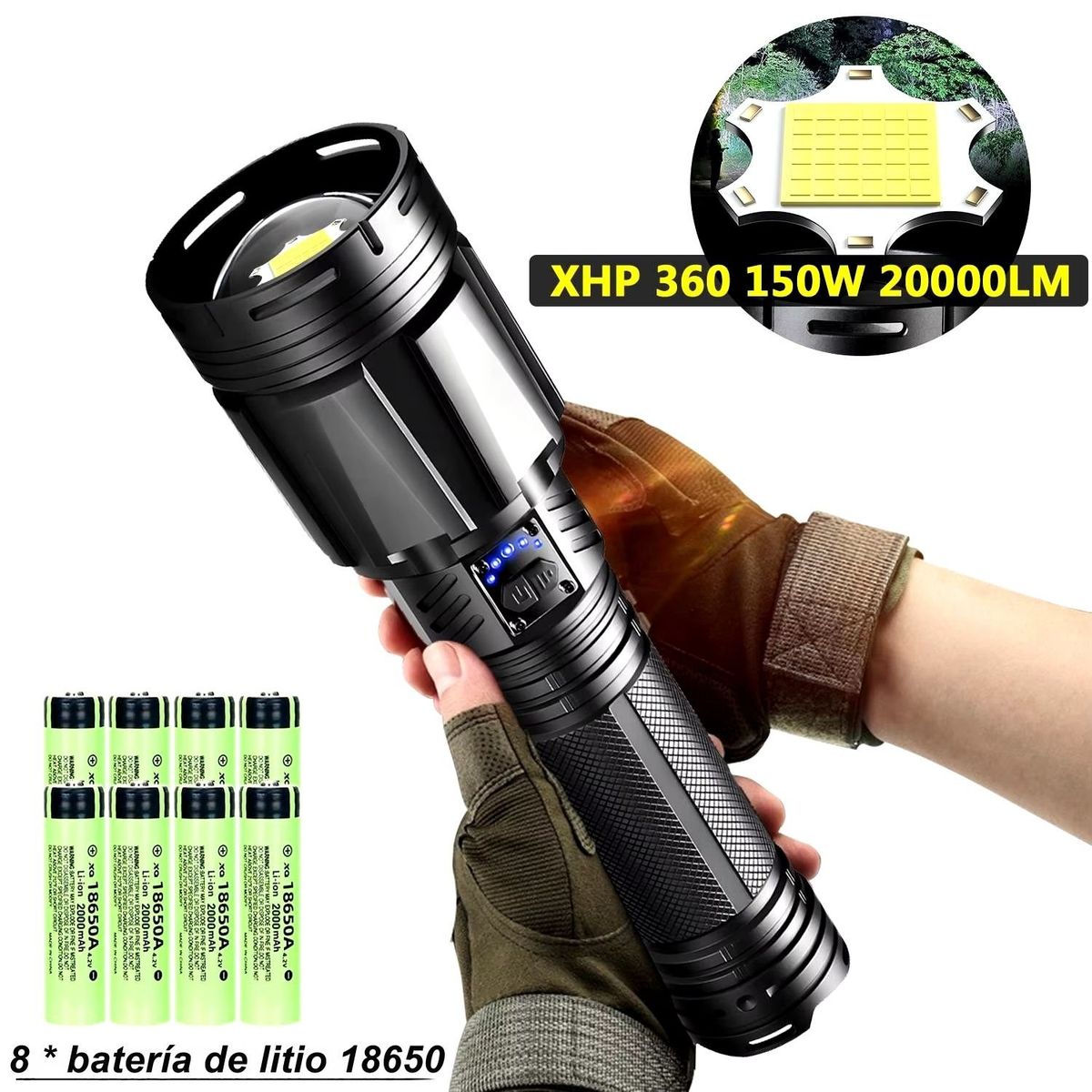 LIDIMI - Linterna LED 20000 Lúmene Recargable, Alta Potencia con Zoom Ajustable