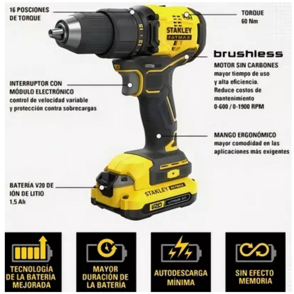 STANLEY - TALADRO PERCUTOR INALAMBRICO BRUSHLESS 20V STANLEY