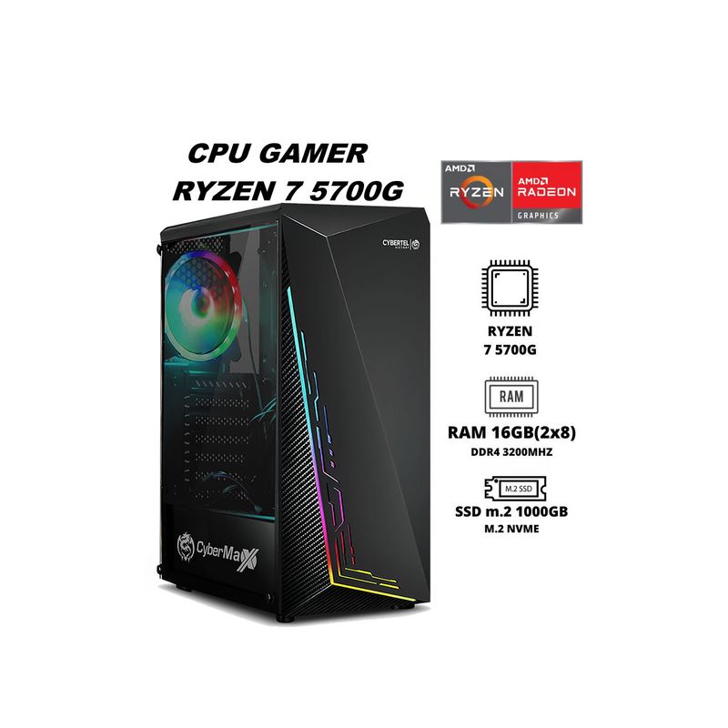 CYBERTEL - PC GAMER RYZEN 7 5700G  16GB RAM DUAL 1TB SSD M.2  CASE FUENTE 600W GAMER