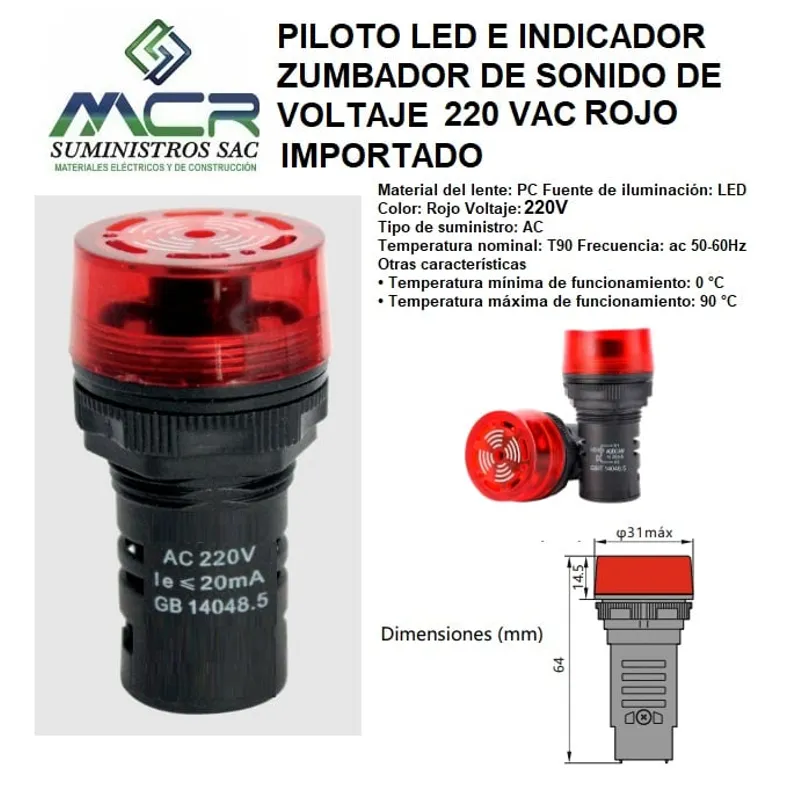 GENERICO - PILOTO LED E INDICADOR DE SONIDO DE VOLTAJE 220VAC ROJO IMPORTADO
