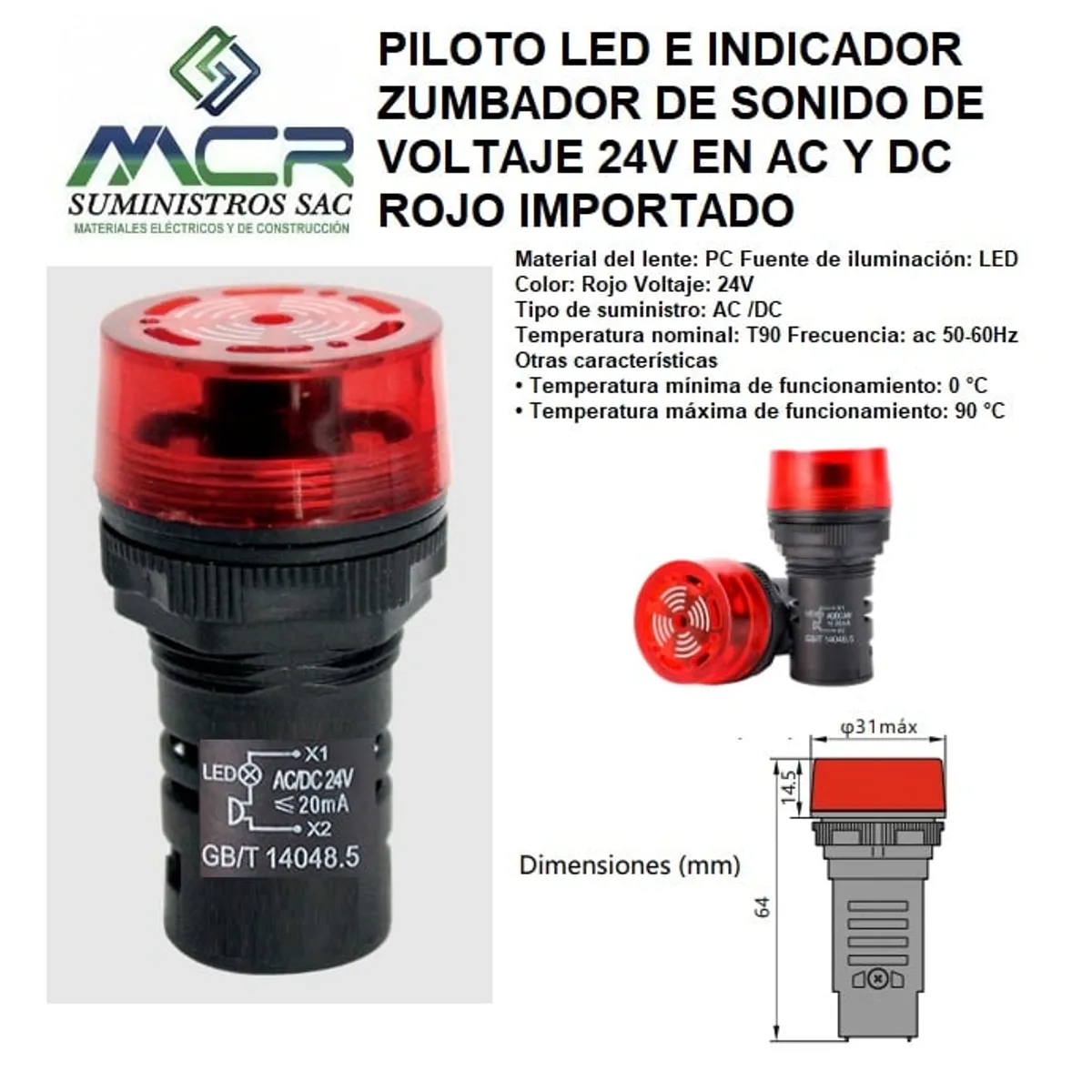 GENERICO - PILOTO ZUMBADOR LED E INDICADOR DE VOLTAJE 24V  AC/DC ROJO IMPORTADO