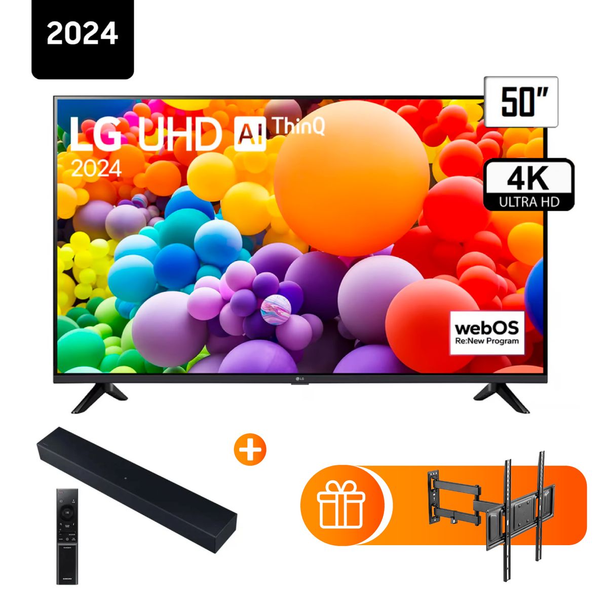 LG - Televisor LG 50 Pulg. LED Smart TV UHD 4K con ThinQ AI 50UT7300 + Rack + Samsung Soundbar HW-C400