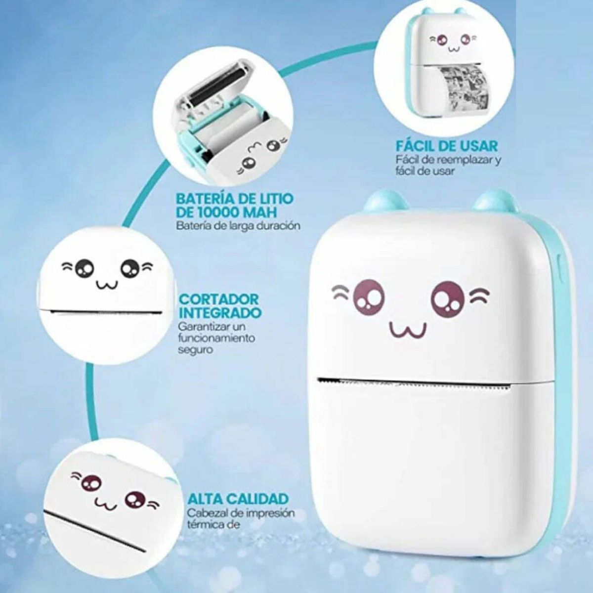 GENERADE - Mini Impresora Portátil Térmica Bluetooth Recargable Celeste