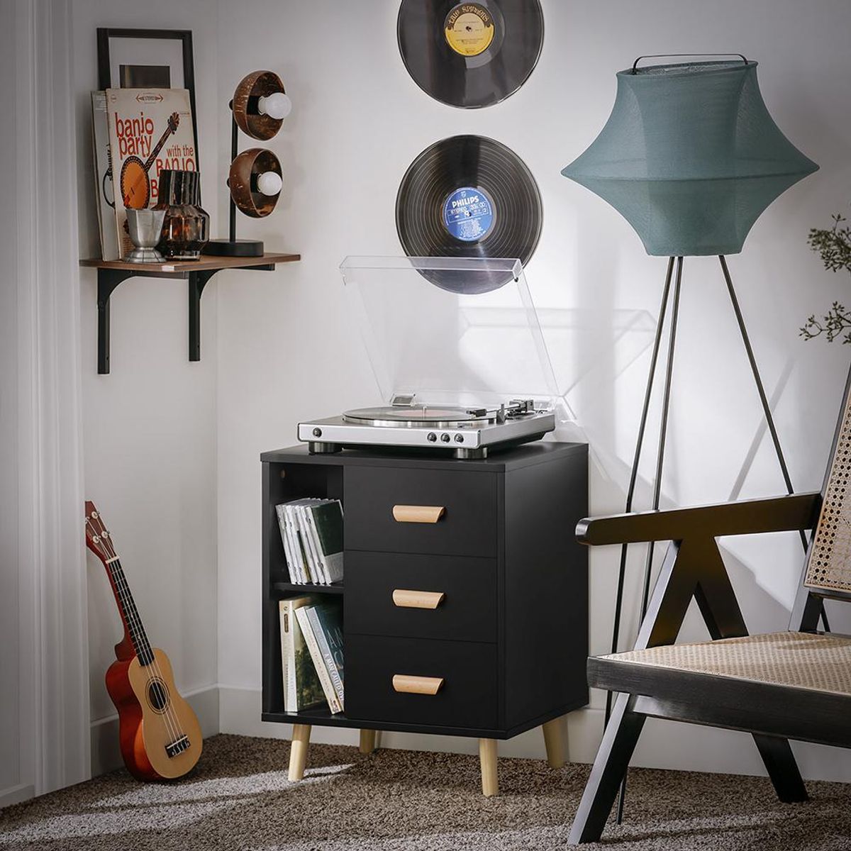 TU MESITA - Mesa auxiliar Velador Yuri color Negro 3 cajones TU MESITA