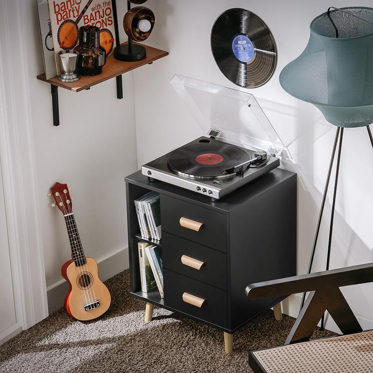 TU MESITA - Mesa auxiliar Velador Yuri color Negro 3 cajones TU MESITA