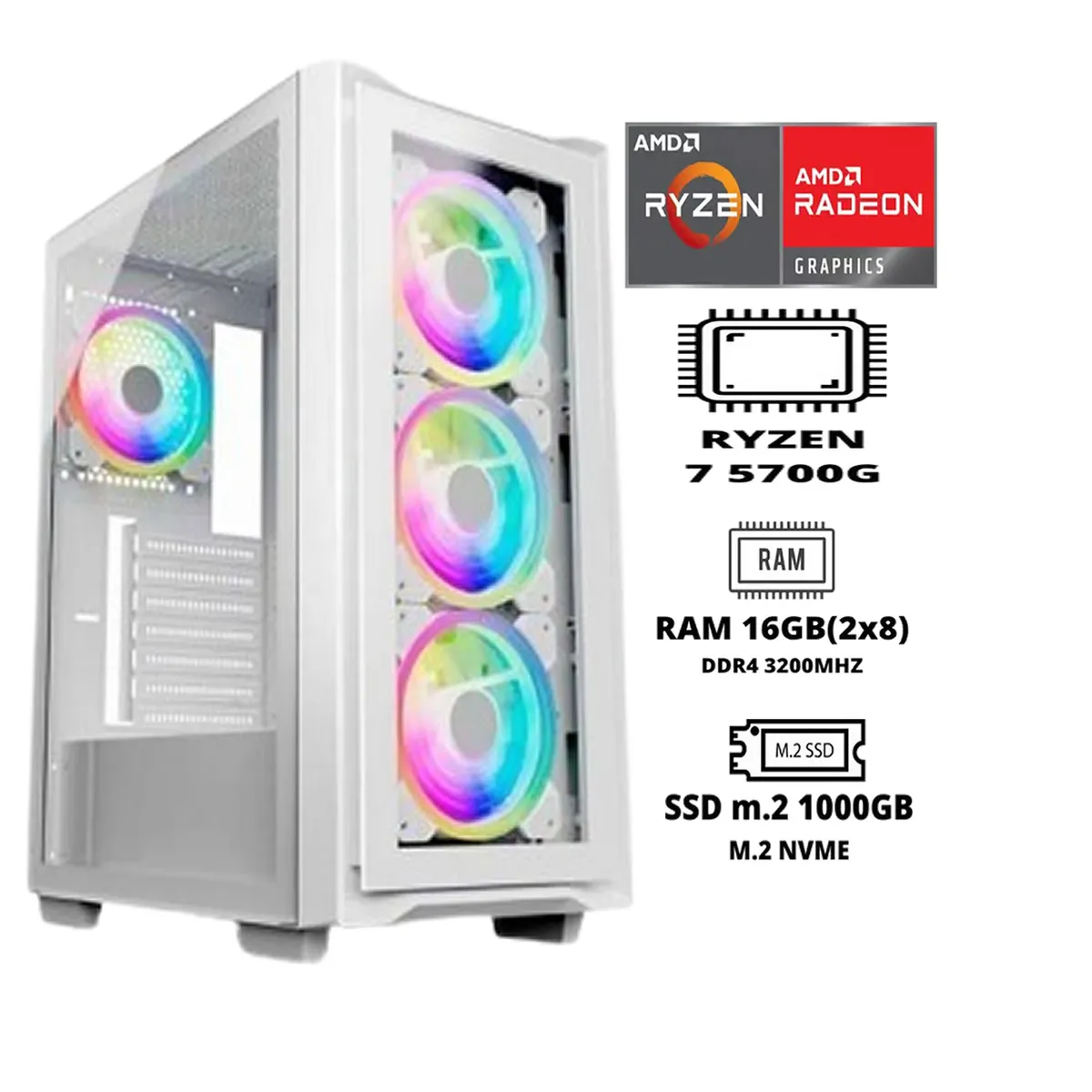 HALION - PC GAMER RYZEN 7 5700G  16GB RAM DUAL 1TB SSD M.2  CASE FUENTE 600W GAMER
