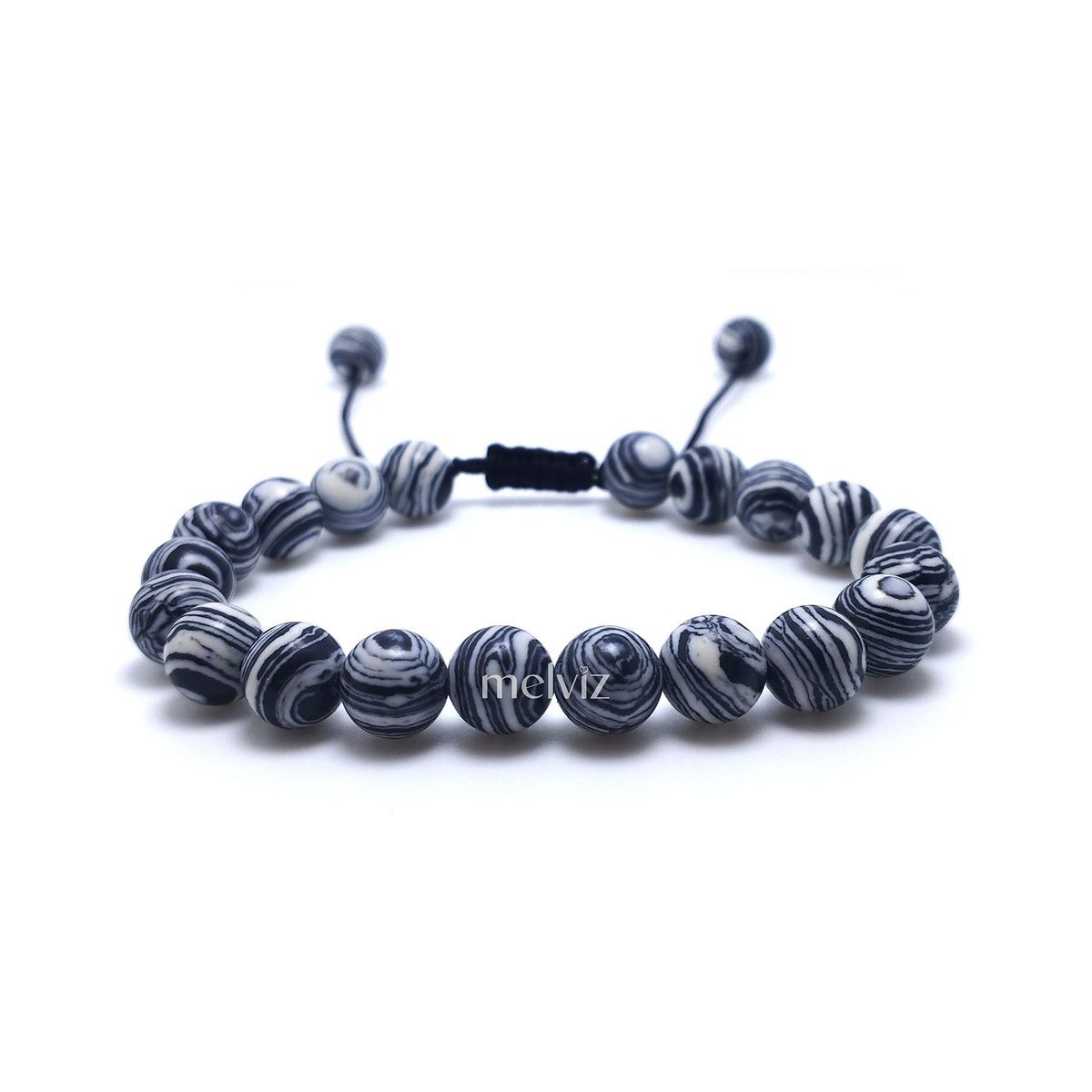 GENERICO - Pulsera Piedra Teñida Blanco y Negro 8 mm Regulable Para Mujer y Hombre